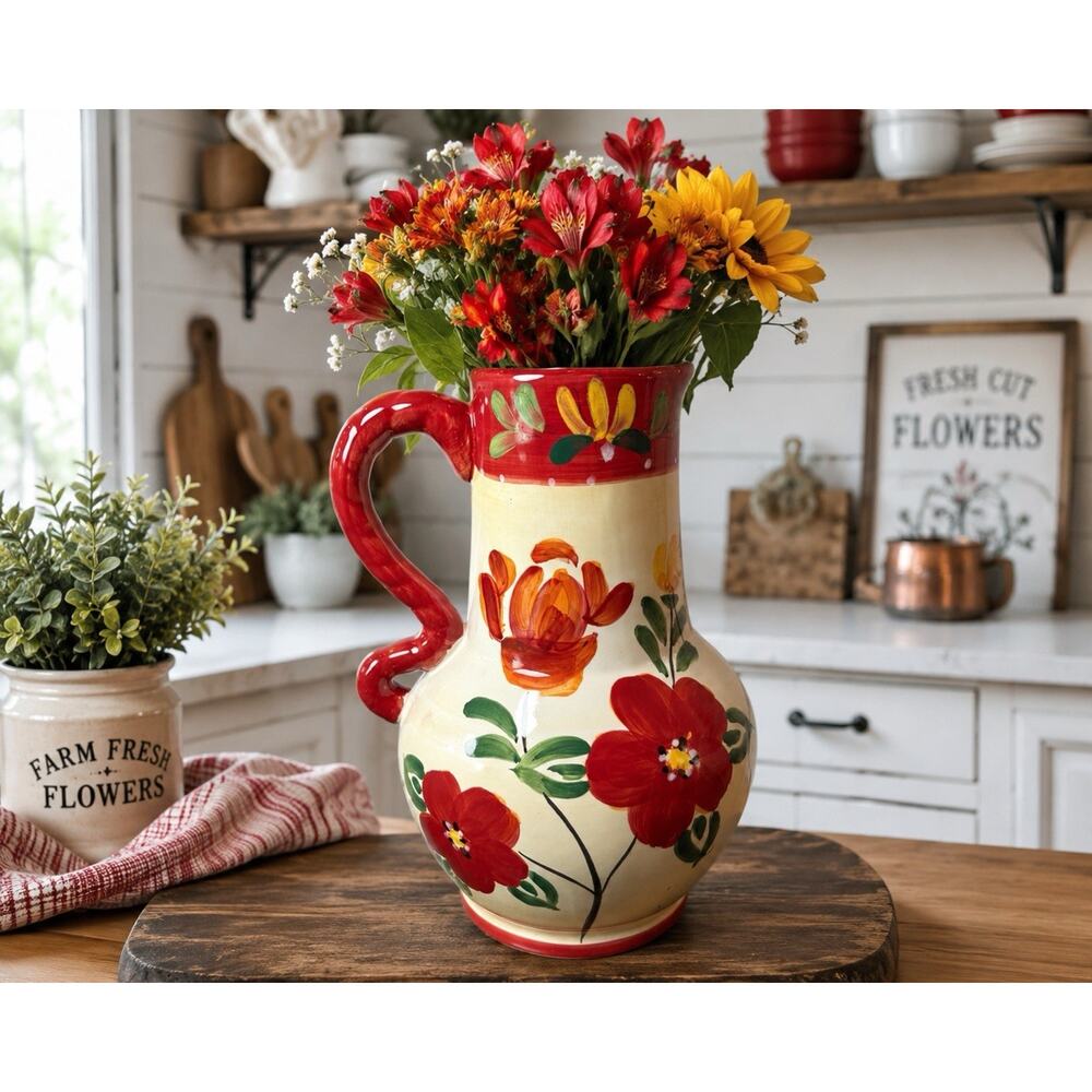Warren Florals Hand Painted Floral Pitcher Vase 11” Folk Art Red